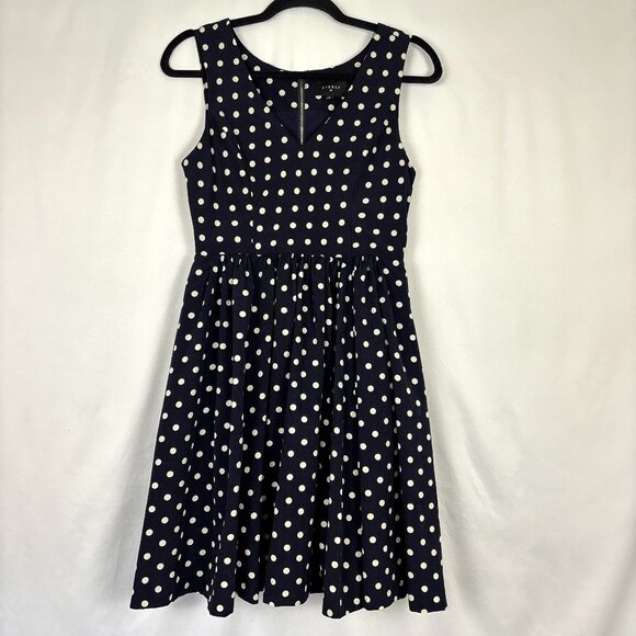 Everly Dress Women's Small Navy White Polka Dot Fit-and-Flare V-Neck Pockets - Picture 1 of 14